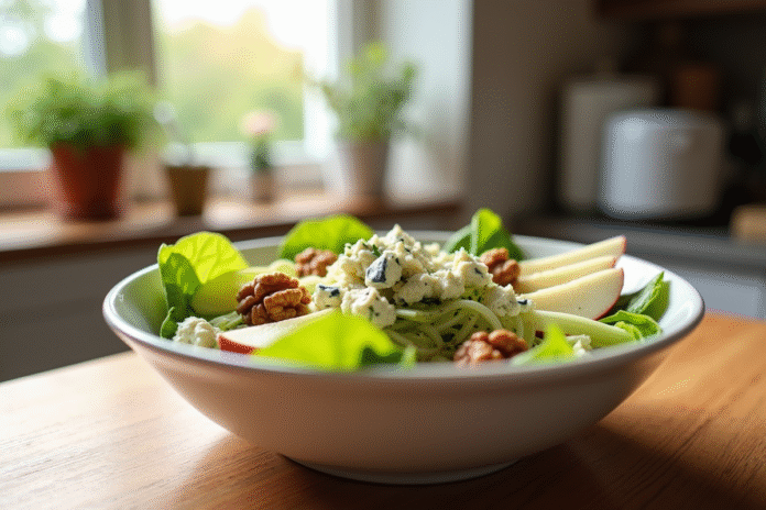Salade d'endives garnie de noix et pommes dans un bol blanc