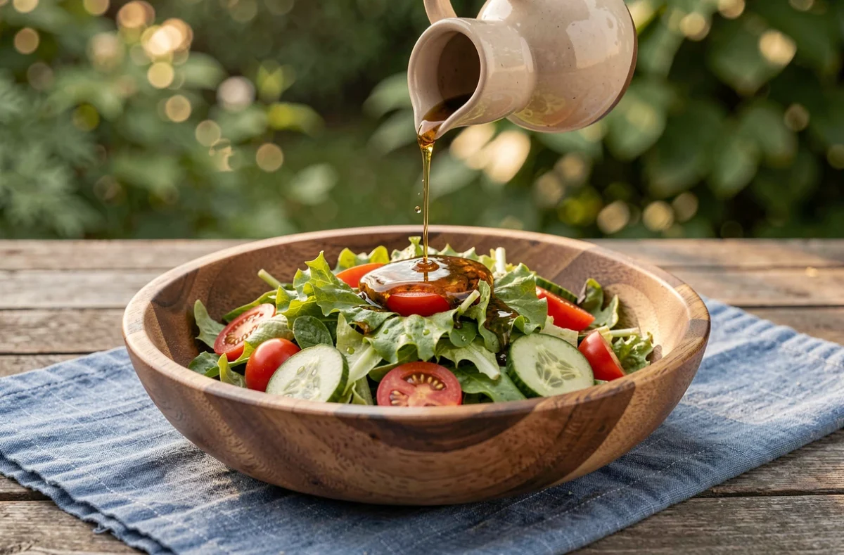 Salade fraîche arrosée d'une vinaigrette maison versée depuis un pichet en céramique sur une table de jardin en bois