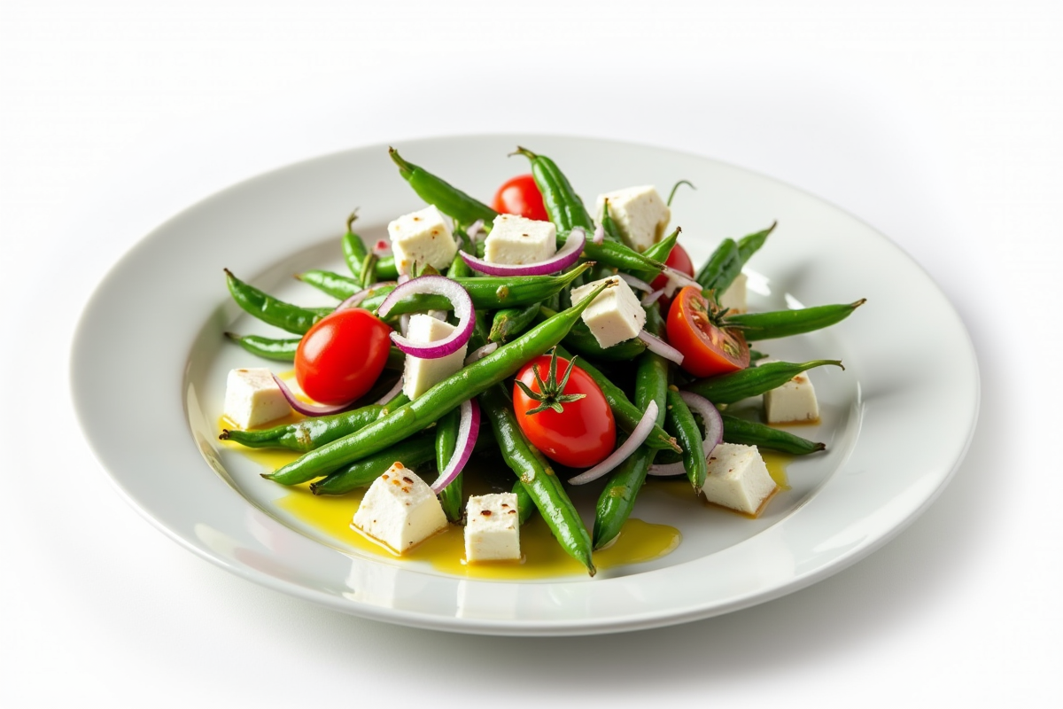 Assiette de salade avec haricots verts en conserve et feta