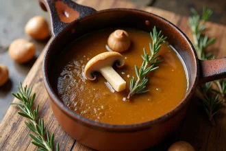 Sauce de cèpes au vin blanc mijotée dans une casserole en céramique rustique sur un plan de travail en bois de chêne