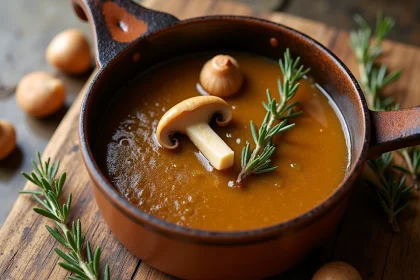 Sauce de cèpes au vin blanc mijotée dans une casserole en céramique rustique sur un plan de travail en bois de chêne