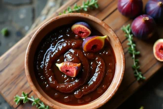Bol en céramique rustique avec sauce aux figues fraîches pour magret de canard, vue de dessus sur table en bois