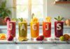 Cinq smoothies colorés avec fruits et légumes J