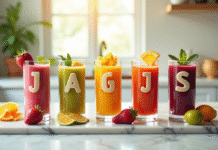 Cinq smoothies colorés avec fruits et légumes J