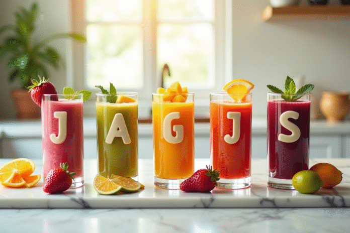 Cinq smoothies colorés avec fruits et légumes J