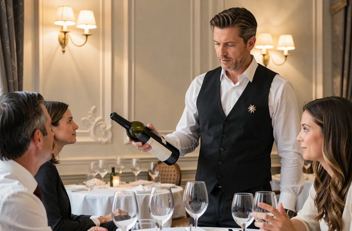 Sommelier professionnel présentant un vin dans un restaurant gastronomique parisien au décor classique et raffiné