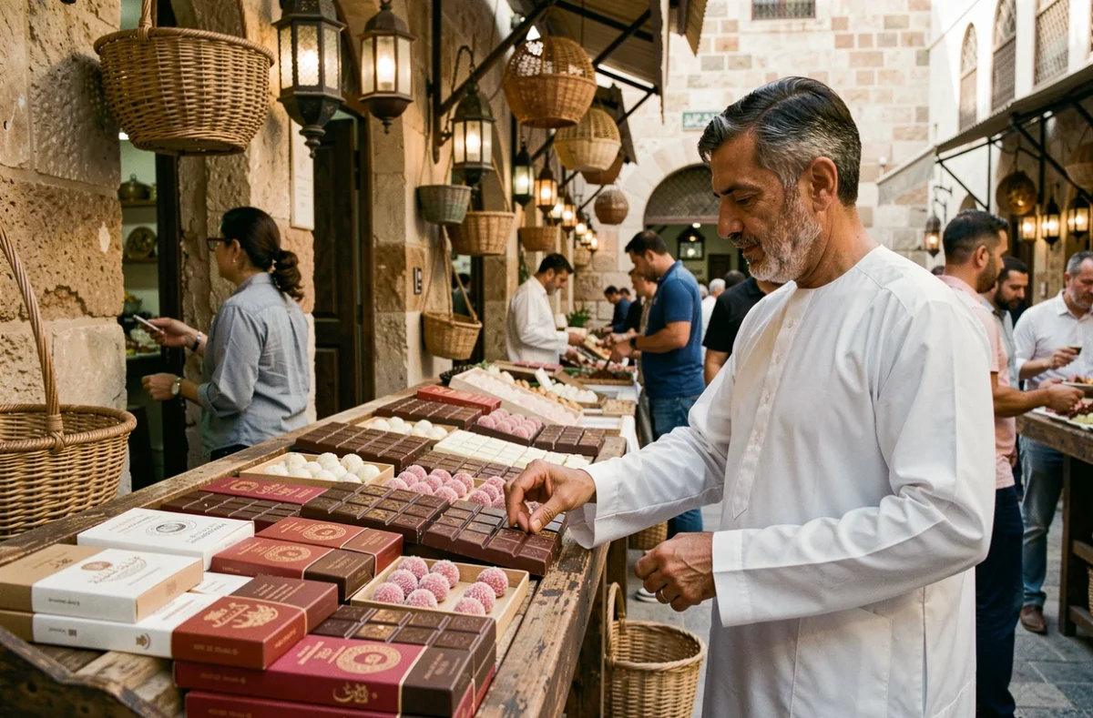 Vendeur de chocolats artisanaux dans un souk de Dubaï comparé aux boutiques modernes