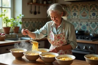 Femme âgée servant soupe vermicelli dans une cuisine chaleureuse