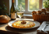 Table rustique avec omelette aux girolles et baguette