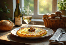 Table rustique avec omelette aux girolles et baguette