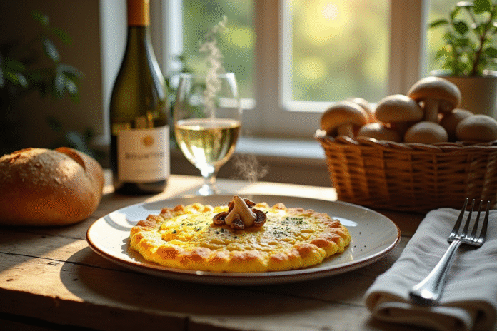 Table rustique avec omelette aux girolles et baguette