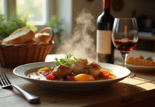 Table rustique avec civet de lapin et pain frais