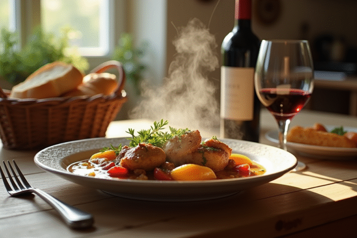 Table rustique avec civet de lapin et pain frais