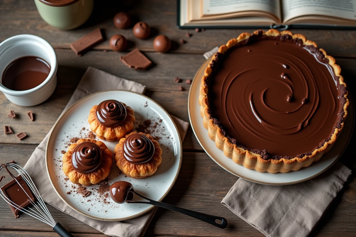 Table rustique avec éclairs et tartes au chocolat