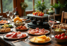 Table rustique avec raclette et charcuterie