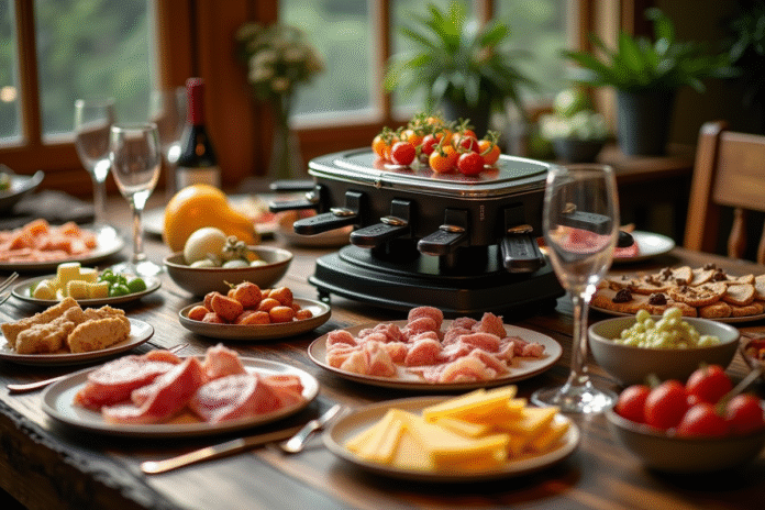 Table rustique avec raclette et charcuterie