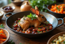 Table rustique avec plat d'agneau aux prunes et herbes fraîches