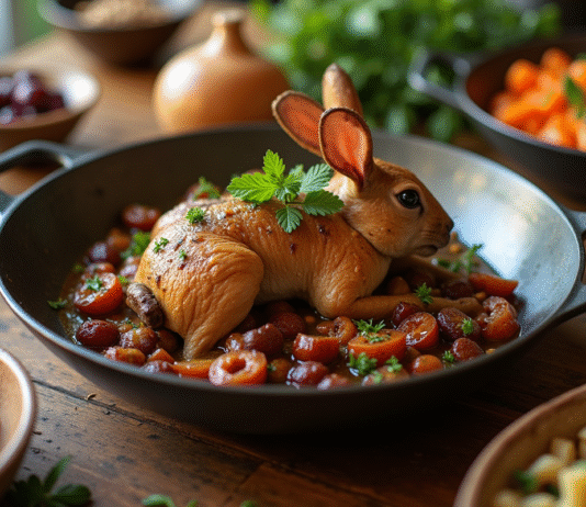 Table rustique avec plat d'agneau aux prunes et herbes fraîches