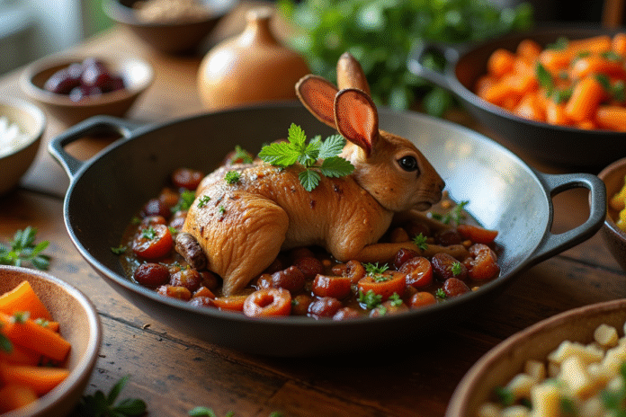 Table rustique avec plat d'agneau aux prunes et herbes fraîches