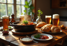 Table rustique avec carbonade flamande et pain