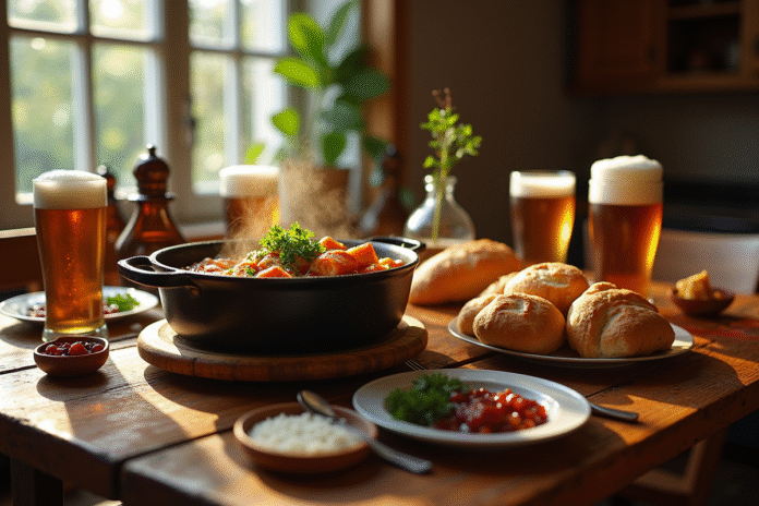 Table rustique avec carbonade flamande et pain
