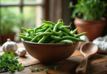 Table en bois rustique avec haricots verts en conserve et herbes fraîches