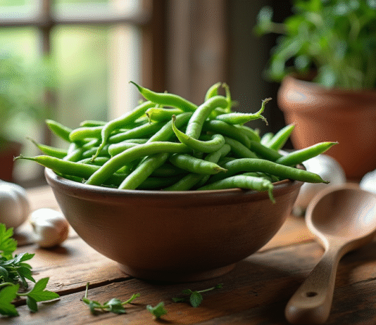 Des recettes faciles et originales avec une conserve de haricots verts Table en bois rustique avec haricots verts en conserve et herbes fraîches