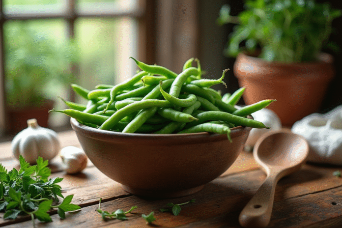 Table en bois rustique avec haricots verts en conserve et herbes fraîches