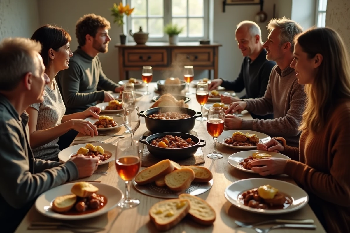 Tablée familiale de huit convives partageant une carbonade flamande maison autour d'une grande table de ferme conviviale