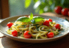 Assiette de tagliatelles de courgette avec tomates cerises et basilic frais