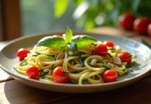 Assiette de tagliatelles de courgette avec tomates cerises et basilic frais
