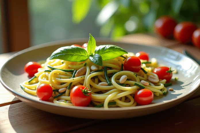 Assiette de tagliatelles de courgette avec tomates cerises et basilic frais