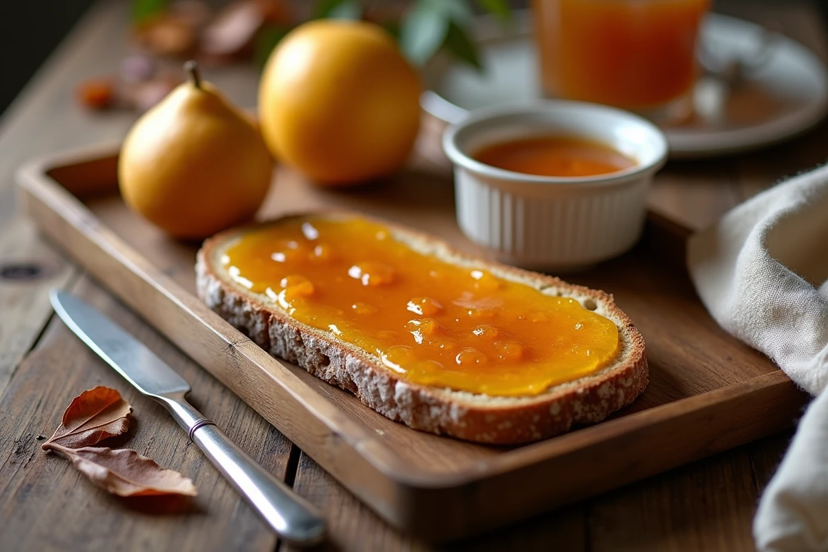Tartine de pain au levain avec de la confiture de coings maison sur un plateau en bois rustique avec un coing entier