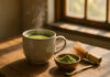Photo hyperrealiste d'une tasse de matcha chaud dans un mug en céramique sur une table en bois