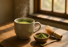 Photo hyperrealiste d'une tasse de matcha chaud dans un mug en céramique sur une table en bois