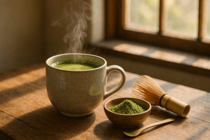 Photo hyperrealiste d'une tasse de matcha chaud dans un mug en céramique sur une table en bois