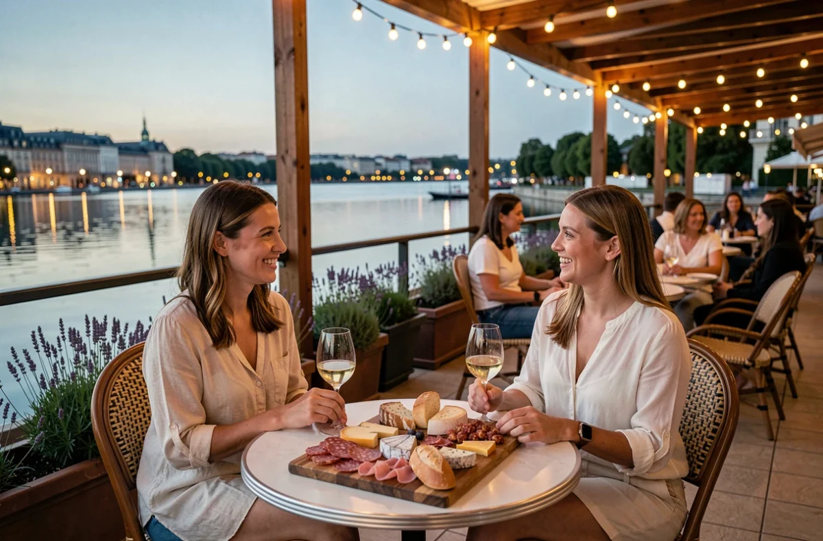 Deux amies profitant d'un apéritif en terrasse au bord du lac de Bordeaux le soir, avec plateau de charcuterie et verres de vin blanc
