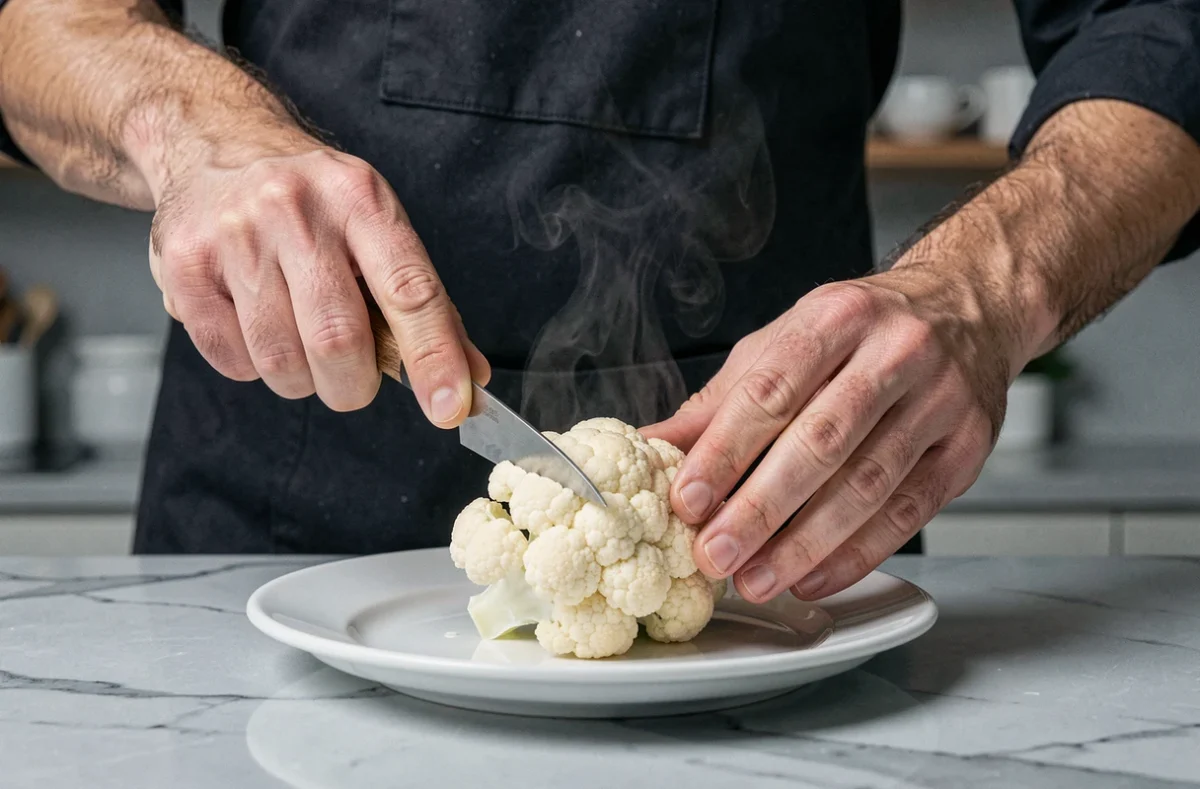 Chef testant la cuisson d'un bouquet de chou-fleur vapeur avec la pointe d'un couteau sur une assiette blanche