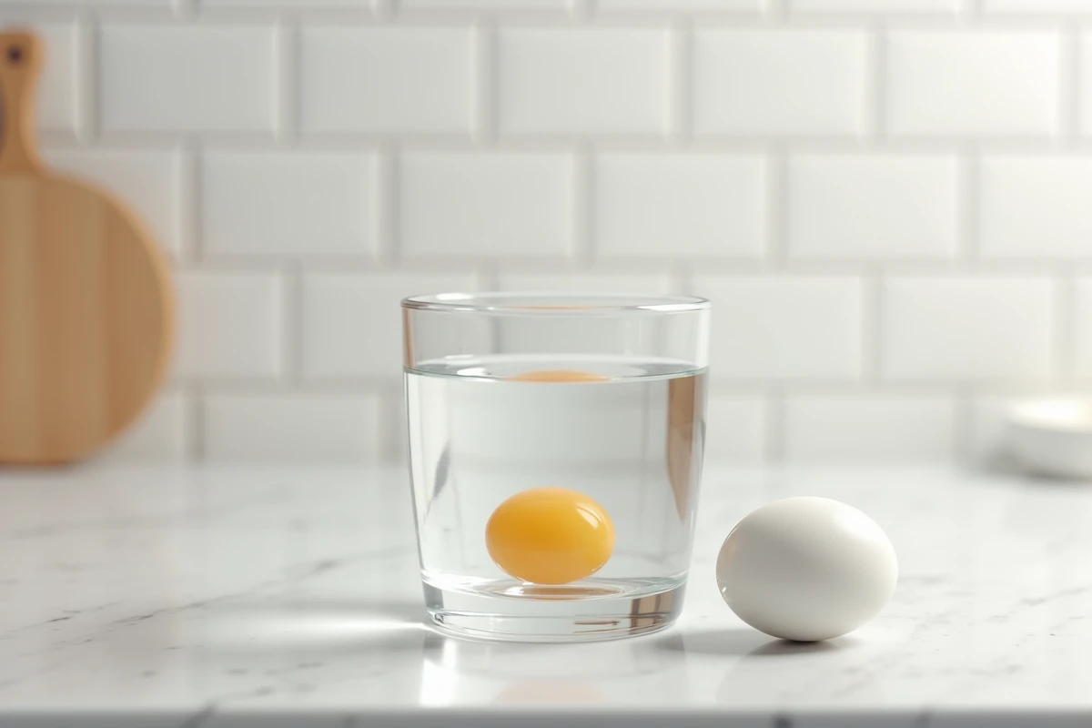 Test de flottaison d'un œuf dans un verre d'eau pour vérifier sa fraîcheur, l'œuf reposant au fond indiquant qu'il est frais
