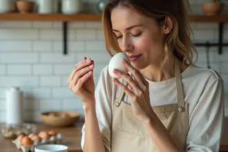 Femme tenant un œuf cru près de son nez pour vérifier son odeur et évaluer sa fraîcheur dans une cuisine domestique