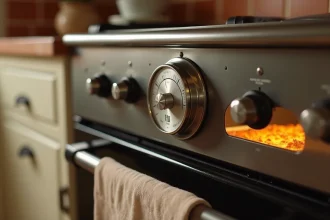 Thermostat de four réglé sur 180 degrés dans une cuisine française traditionnelle avec plat doré visible à l'intérieur