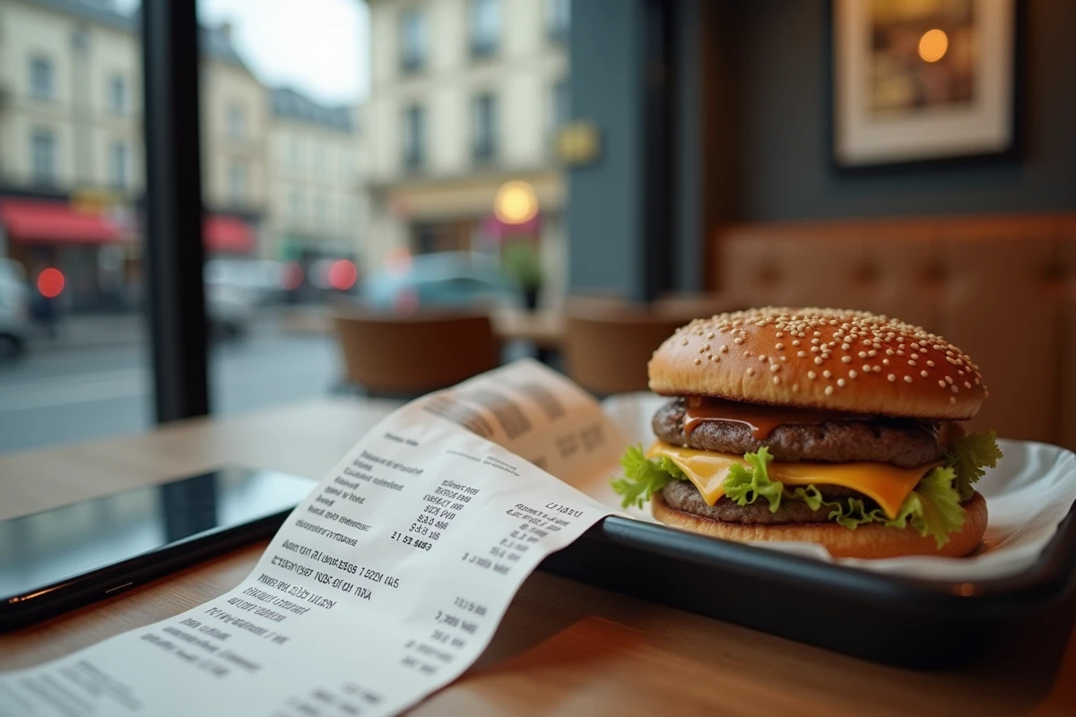 Ticket de caisse d'un Big Mac posé sur un plateau McDonald's avec vue sur une rue française