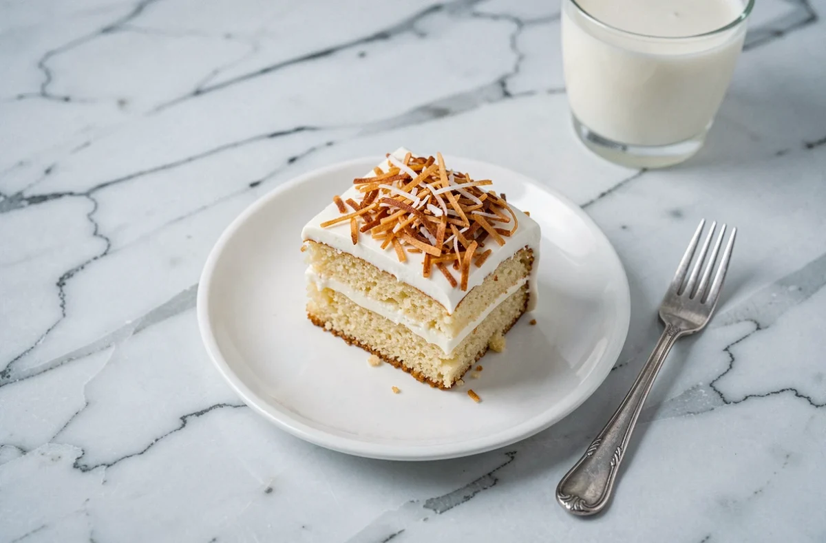 Tranche de gâteau à la noix de coco sur assiette en céramique blanche avec une fourchette vintage et un verre de lait de coco en arrière-plan