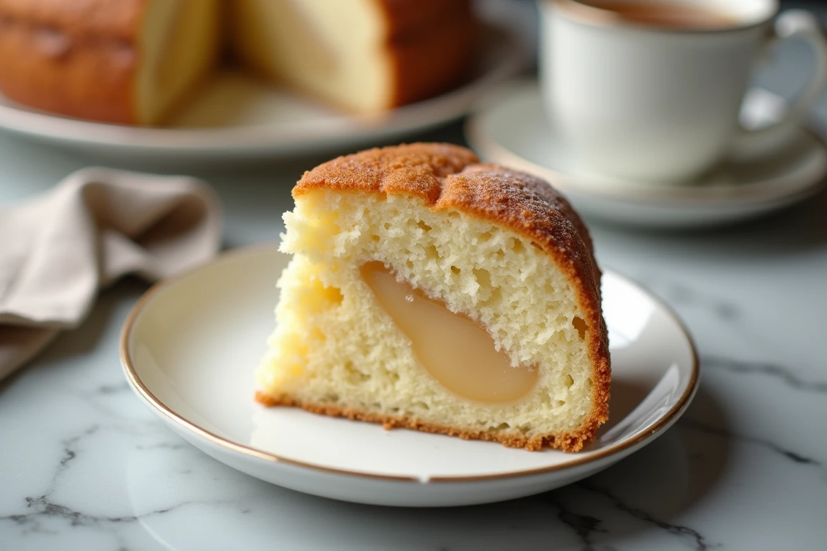 Tranche fondante de gâteau aux poires maison sur assiette en porcelaine blanche avec une tasse de thé vintage