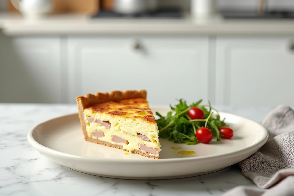 Tranche de quiche lorraine allégée servie avec une salade verte sur une assiette mate dans une cuisine moderne minimaliste