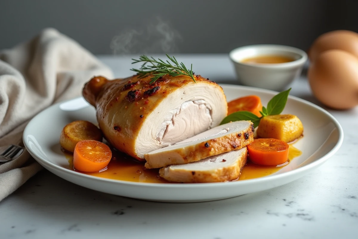 Tranches de poulet ultra tendre cuit au four à basse température servies sur assiette avec légumes rôtis et jus de cuisson