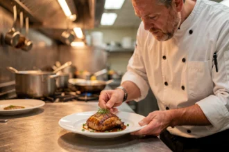 Un cuisinier dresse un plat dans la cuisine d'un restaurant