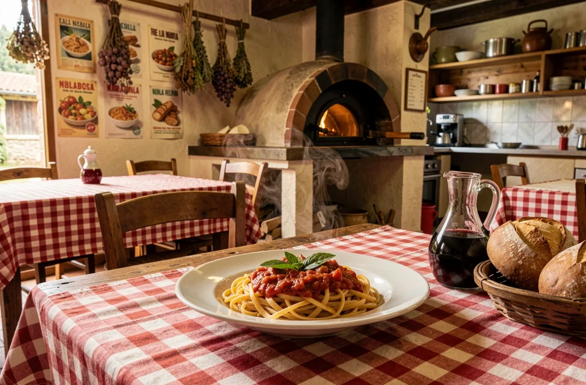 Assiette de pâtes maison avec sauce tomate-basilic dans le cadre chaleureux du restaurant Un Italiano Vero à Saint-Privat-des-Vieux