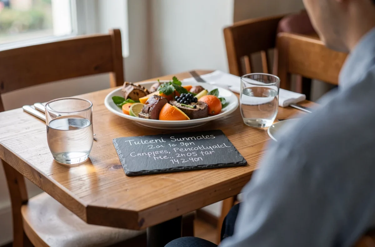 Une table de restaurant avec une carte courte sur ardoise et un plat de saison
