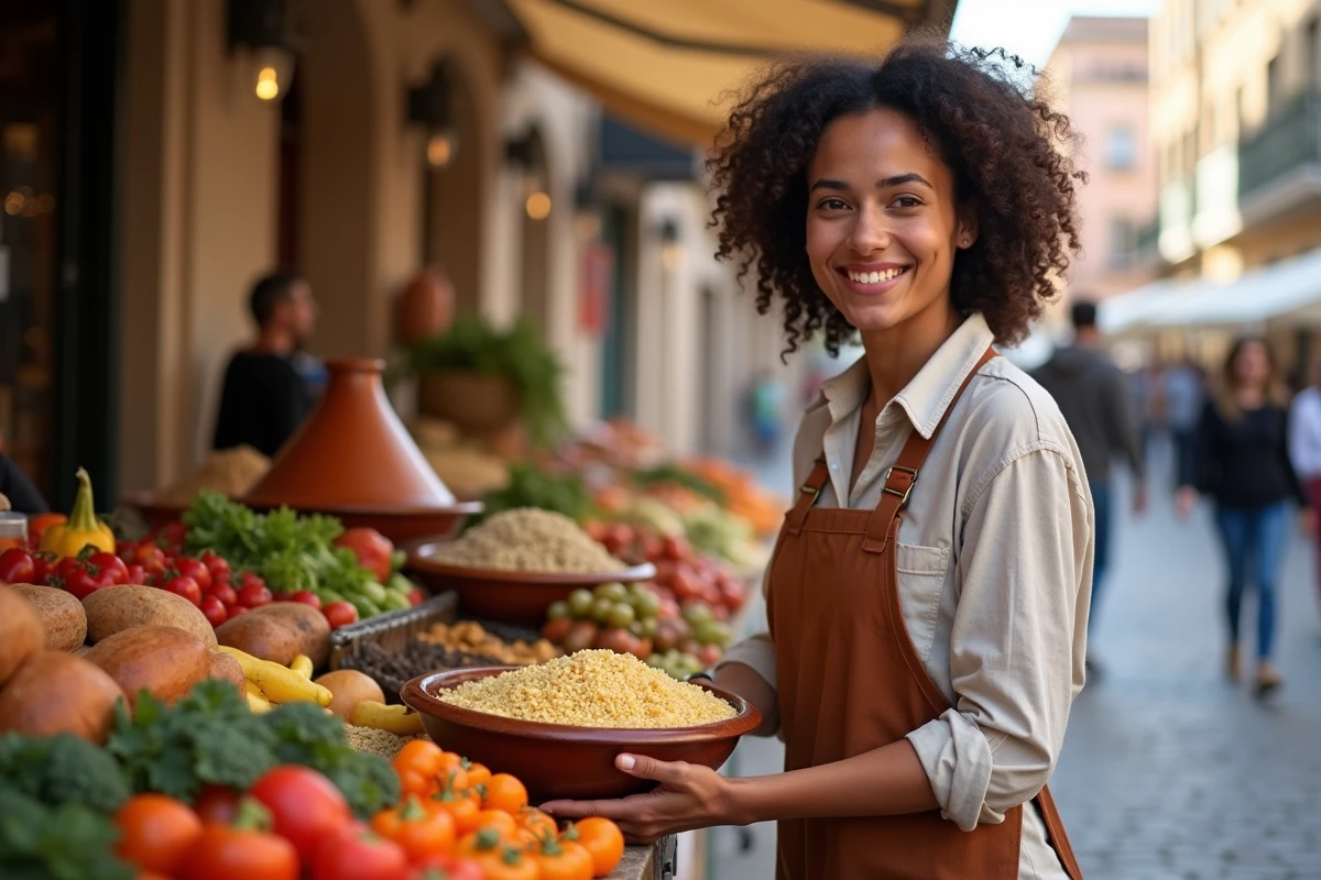 Vendeuse souriante servant du couscous végétarien dans un marché en plein air de Toulouse près de la Place du Capitole